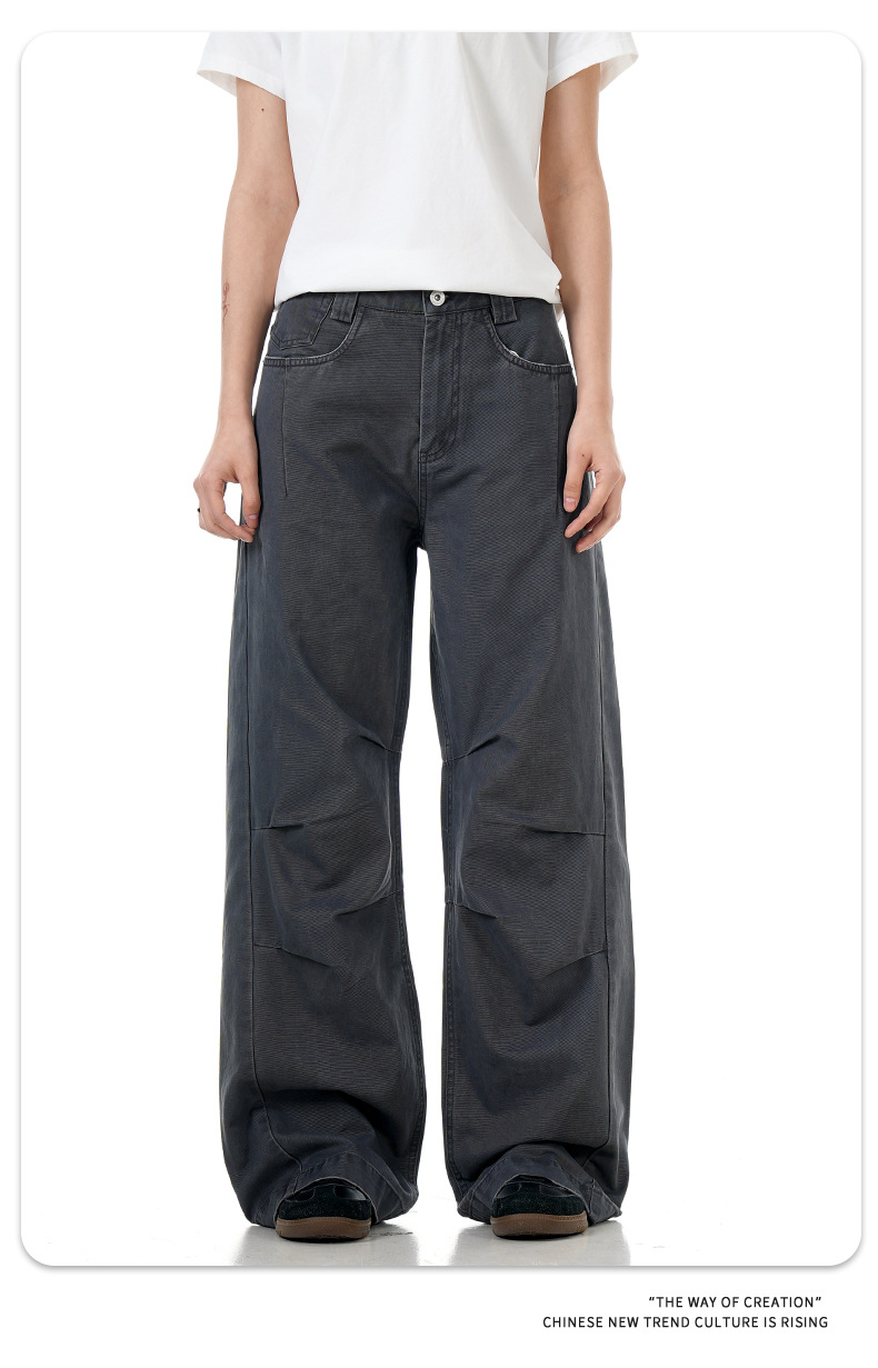 Simple Work Pants for Men and Women Faded Pleated Loose Wide-Leg Trendy Casual Trousers