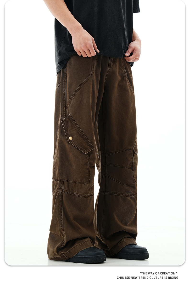 Work Pants with Adjustable Waistband and Large Pockets - Straight Leg Casual Trousers