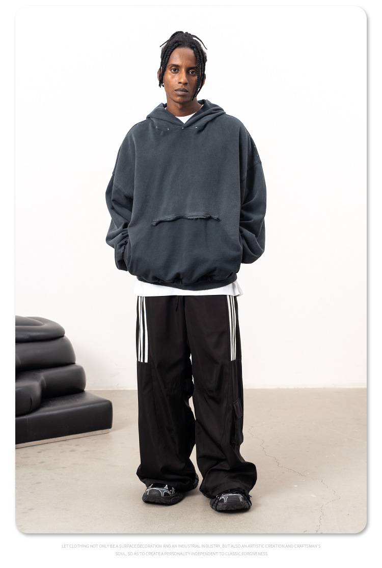 Streetwear Heavy Cotton Aged Torn Hoodie