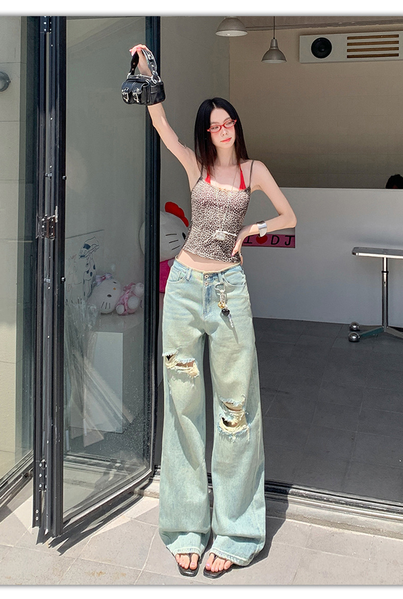 Women's Thin Straight Hole Jeans High Waist Slim Narrow Leg Wide Leg Pants