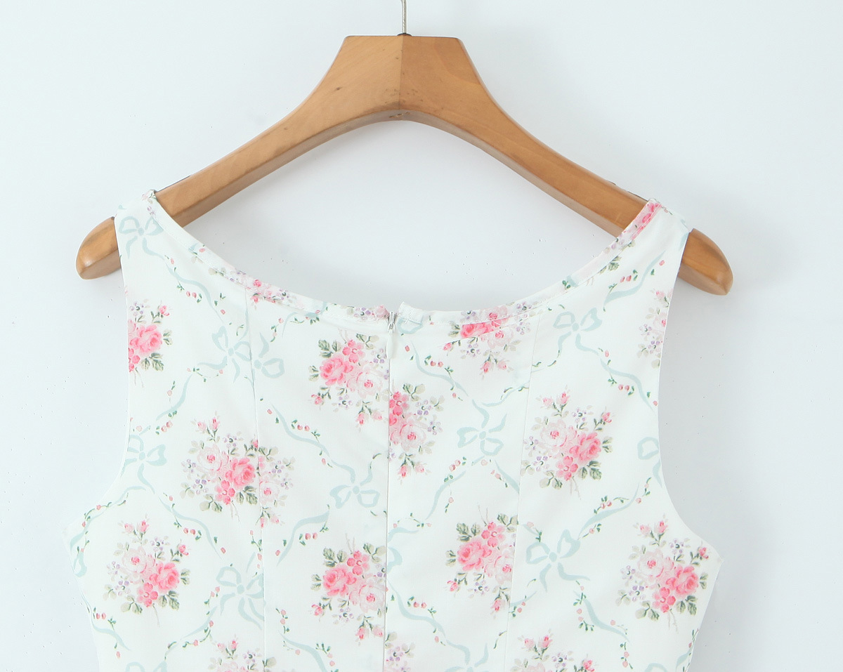 Sleeveless Botanical Print Midi Dress With Ribbon Tie