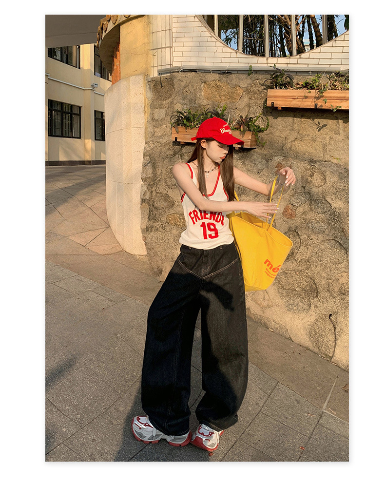 Loose Wide-Leg Jeans for Women Casual Drop-Crotch Pants with Drapey Patchwork Design