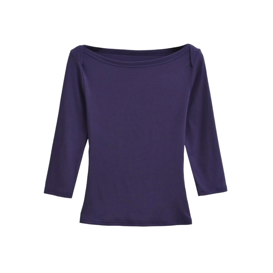 Slim Fit Plain Asymmetric Neck Elbow-Length Midriff Tee