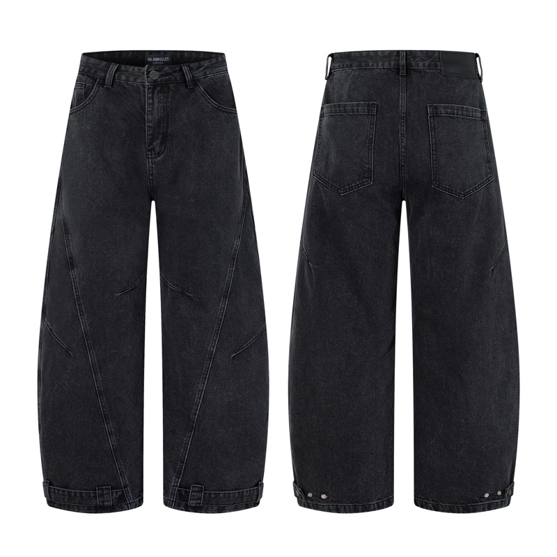 Retro Washed Deconstructed Knife-Edge Denim Pants Unisex Trendy Loose Hip-Hop Wide Leg Pants Black Scythe Style Pants