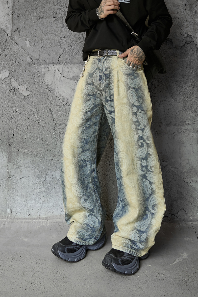 Street Washed Spray Monkey Jacquard Gradient Knife-Edge Denim Pants Men Women High-Quality Fashion Brand Wide-Leg Pants