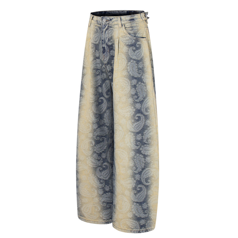 Street Washed Spray Monkey Jacquard Gradient Knife-Edge Denim Pants Men Women High-Quality Fashion Brand Wide-Leg Pants