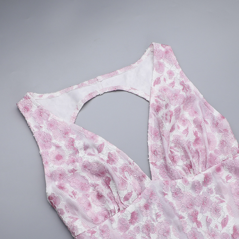 Sleeveless Floral Textured Pointed Neckline Dress
