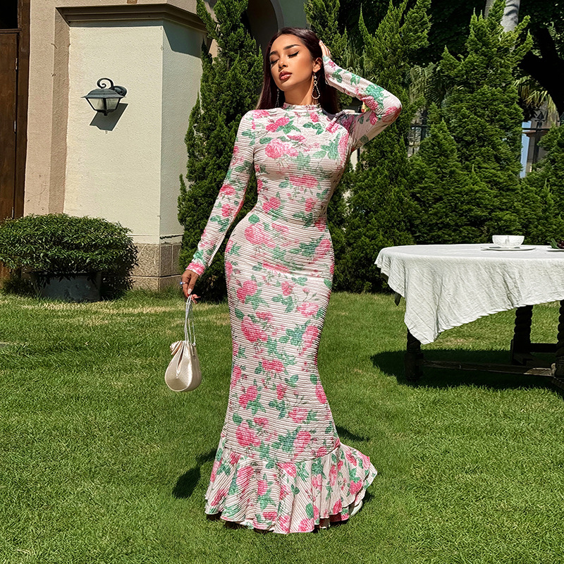 Fitted Maxi Patterned Mock Neck Full-Sleeve Dress