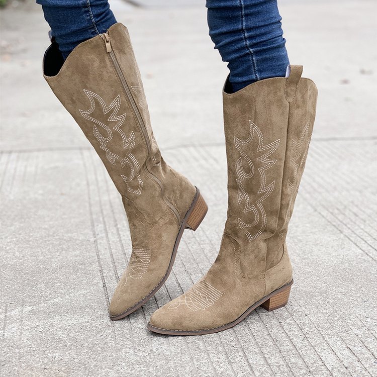 Brown thick heeled mid calf knight boots short boots Western cowboy