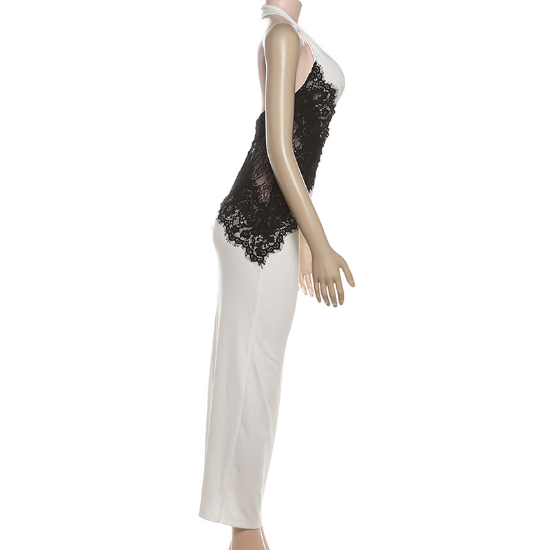 Halter High Waist Fitted Bicolor Perforated Paneled Dress