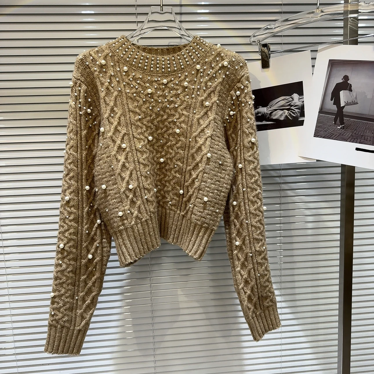 Ladies Beaded Mesh Crew Sweater