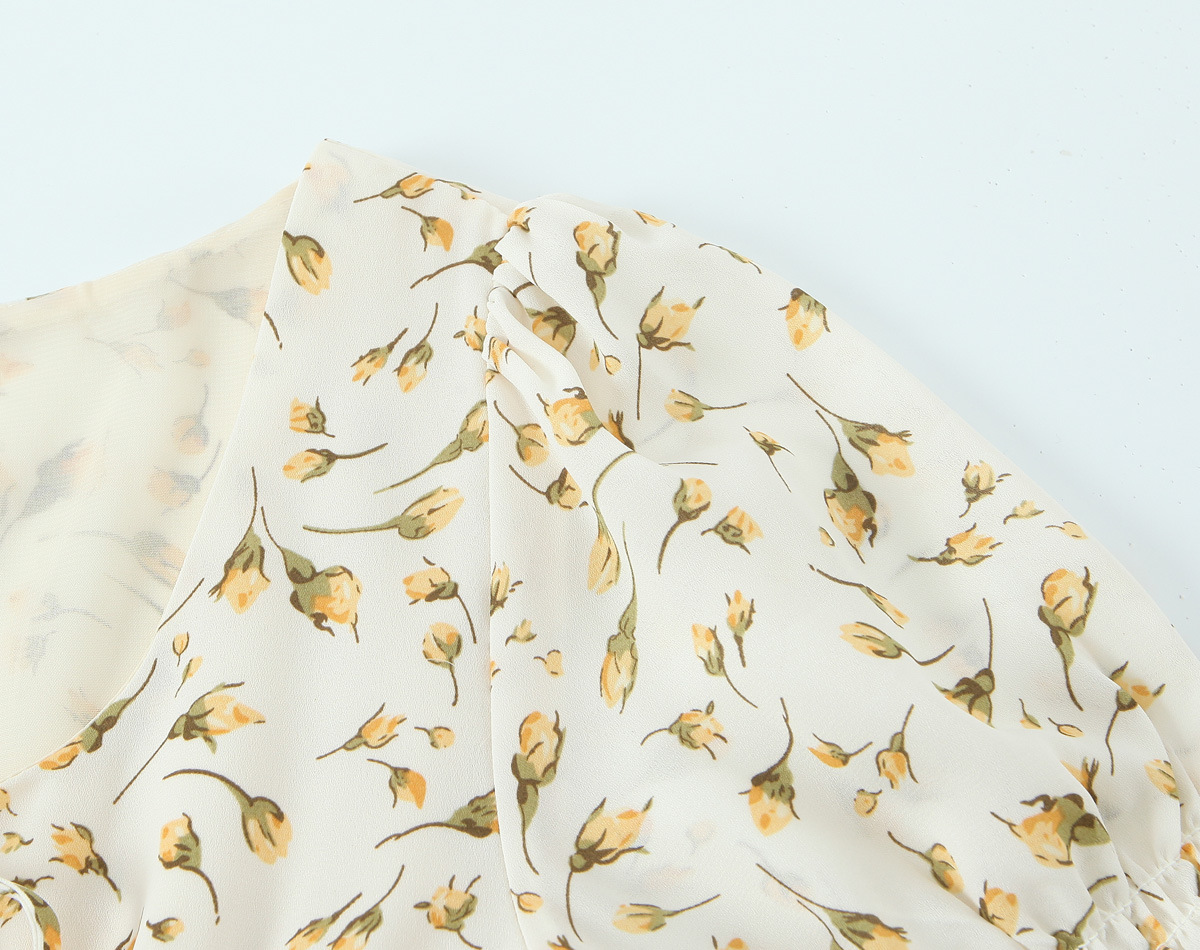 Floral Print Square Neck Tie-Waist Bubble Sleeve Dress