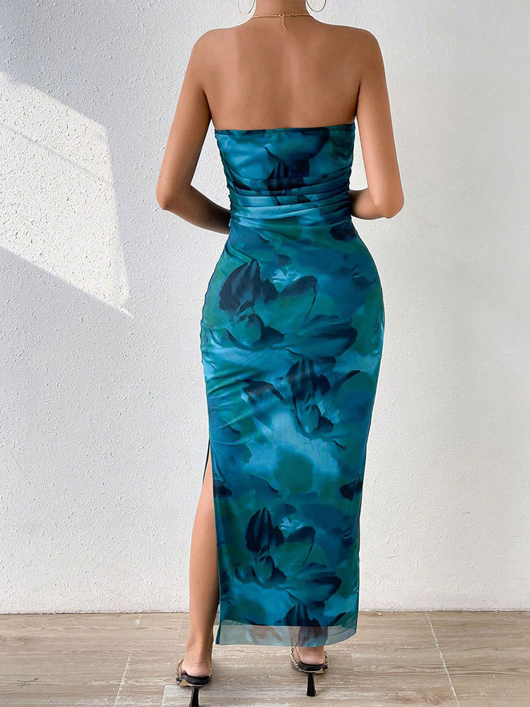 Polyester Asymmetric Neck Patterned Vent Dress