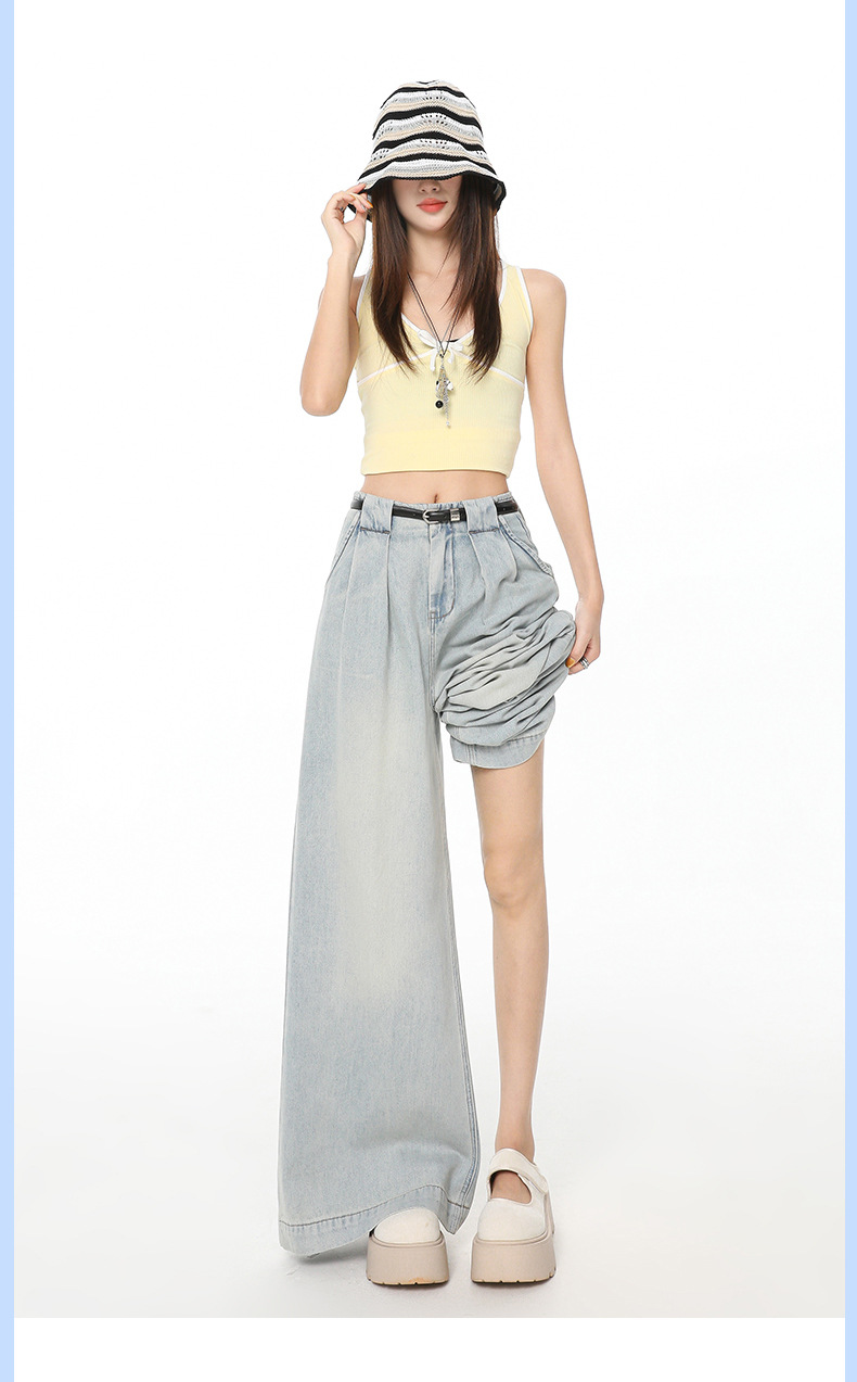 Retro Blue Pleated Tencel Wide-Leg Jeans Women High-Waist Loose Slim Straight Pants