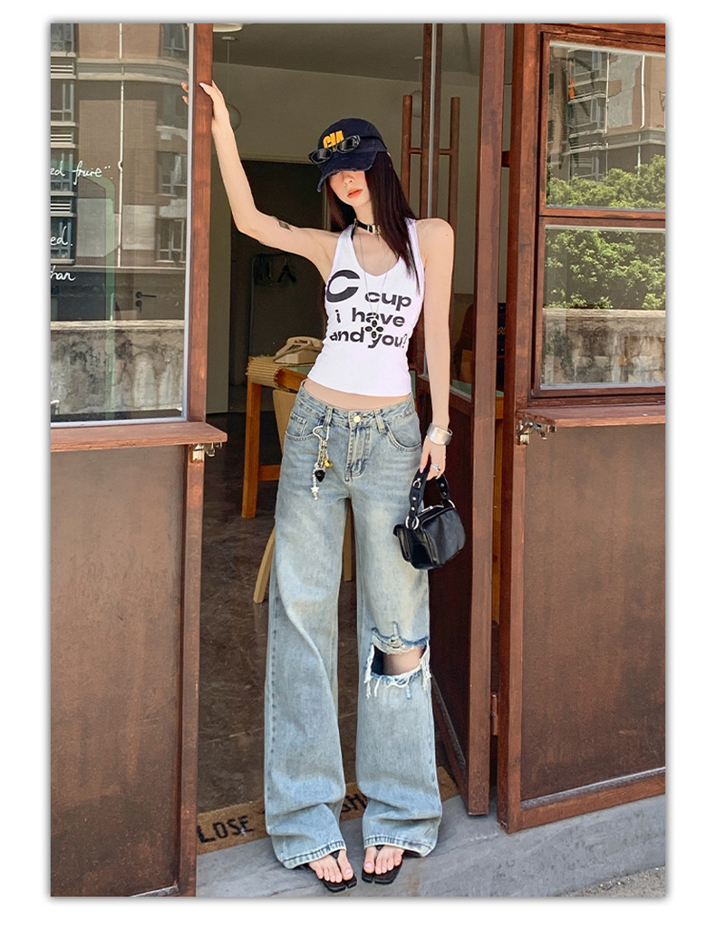 Light Blue Distressed Wide-Leg Jeans Women Retro Design Loose Straight Pants High Street