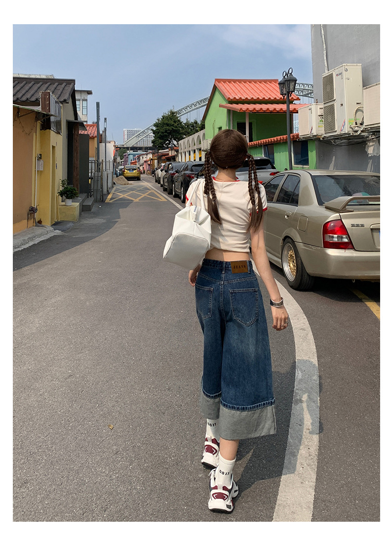 Street Style Loose Slim Wide Leg Pants Rolled Hem Color Block Commuting Washed Denim Length Pants