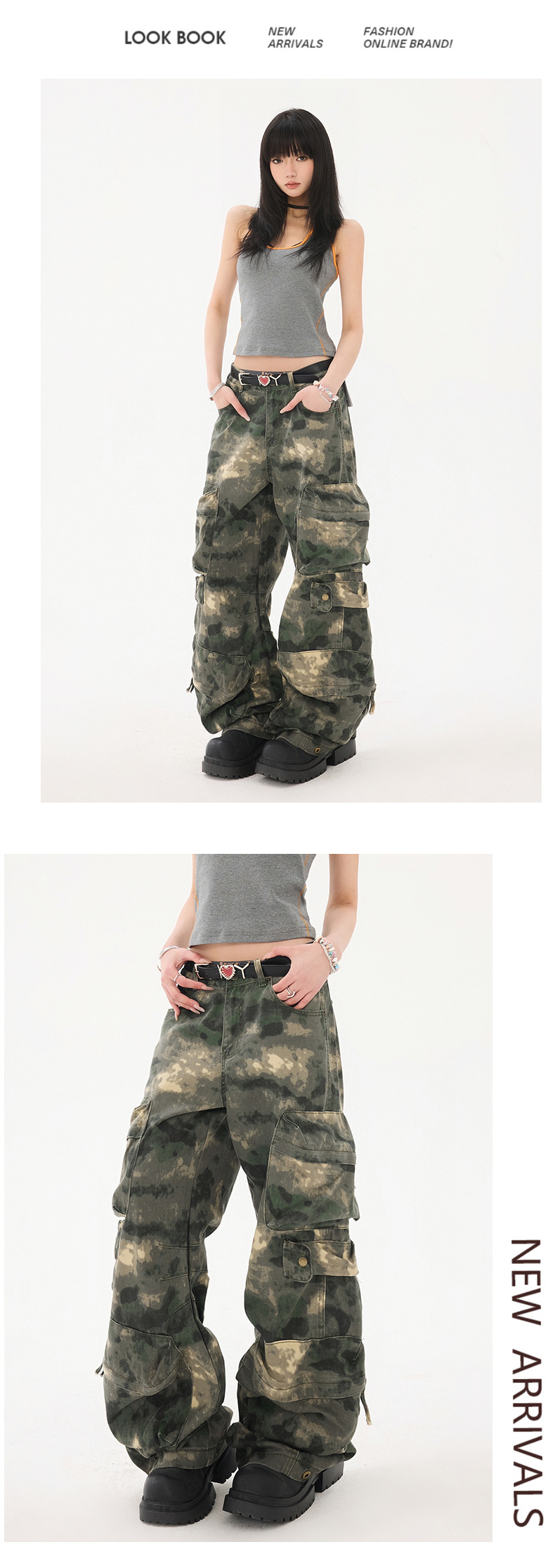 Women's Work Pants Camouflage Multi-Pocket Loose Wide-Leg Denim Trousers