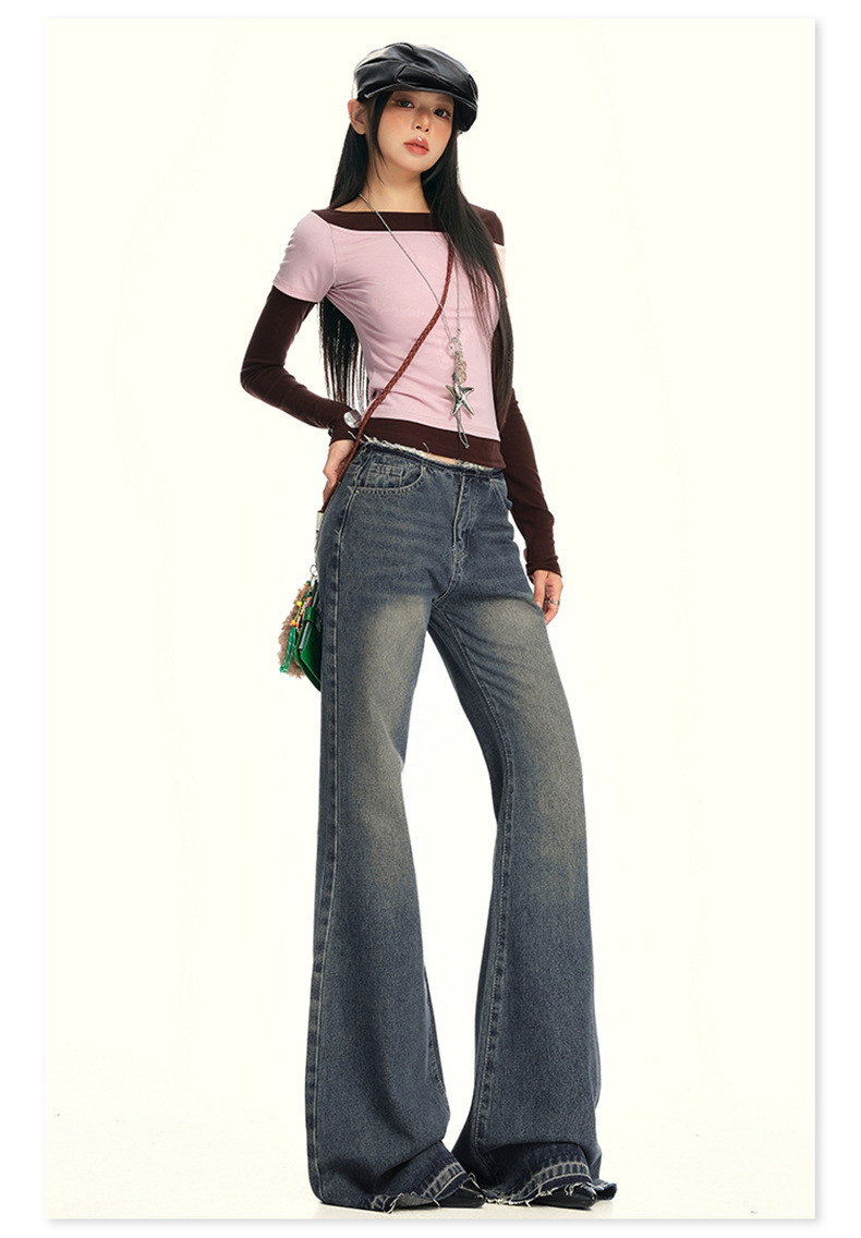 Women's Low Waist Flared Jeans Long Trumpet Pants Non-Skinny Trousers