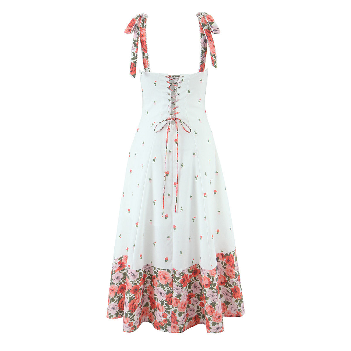 Splicing floral bow tie strap suspender dress