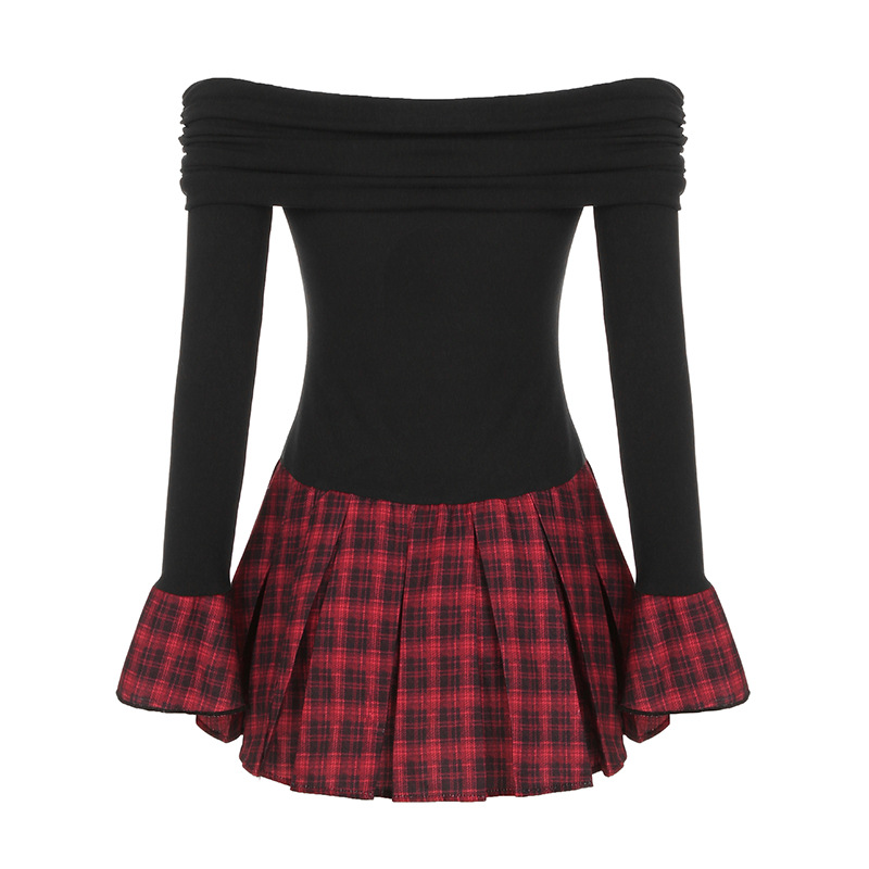 Flirty Asymmetric Checkered Trapeze Dress