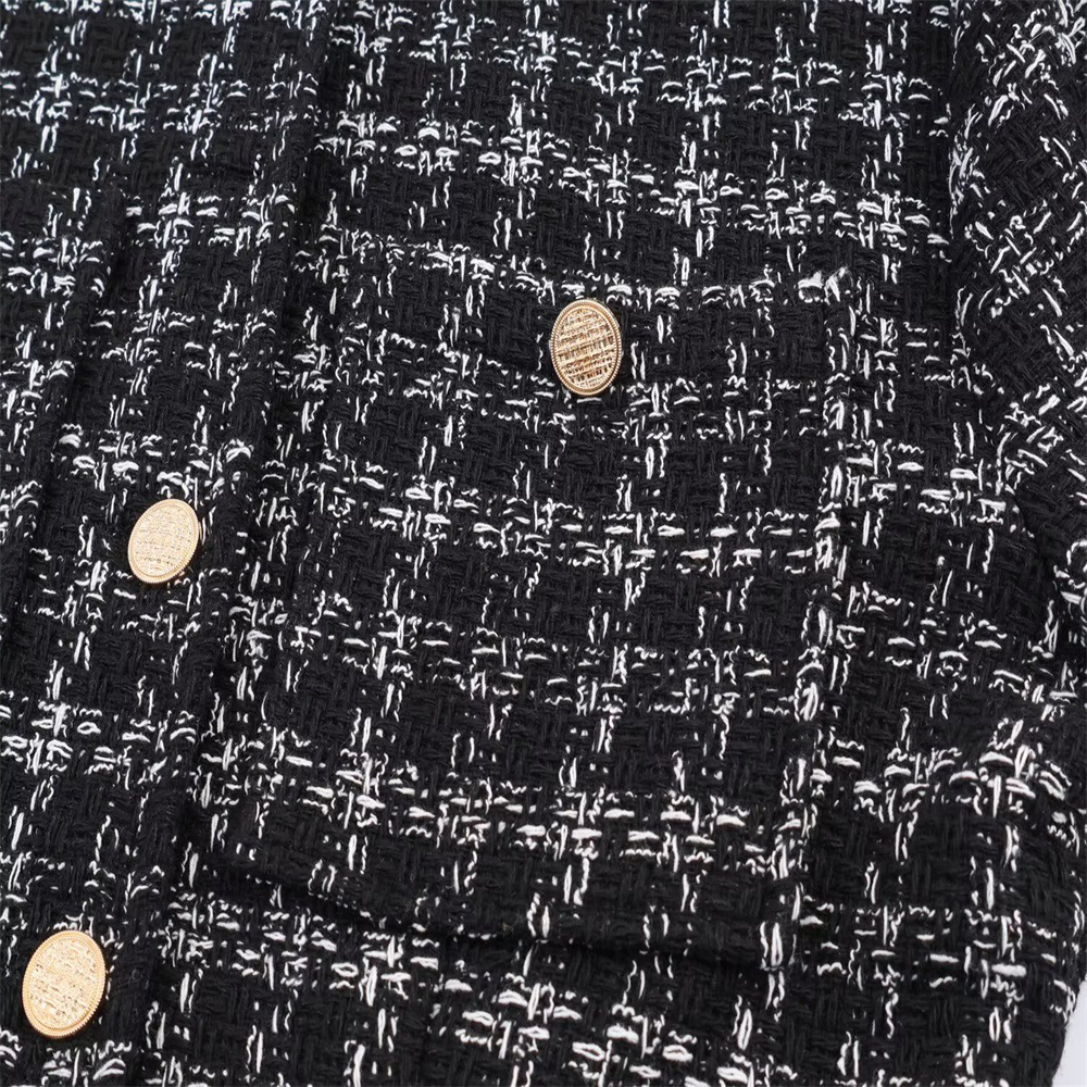 Round neck single breasted plaid woolen dress for women