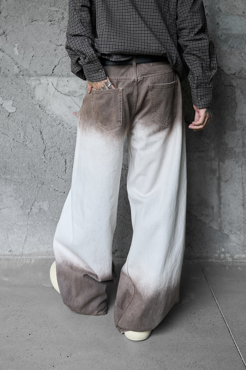 Retro Style Washed Ombre Color Knife-Edge Jeans for Men and Women, Loose Floor-Length Wide Leg Pants