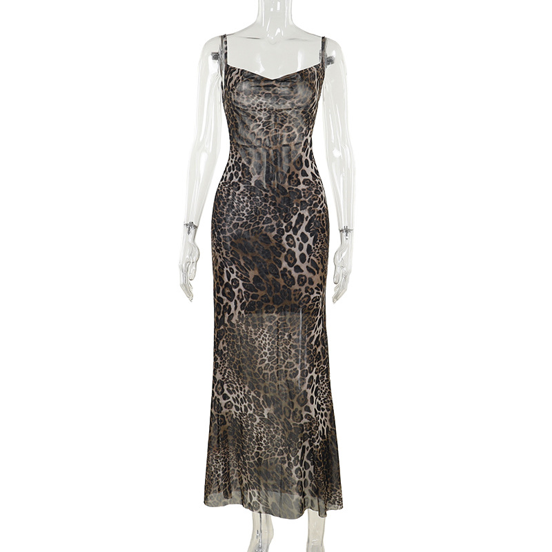 Hooded Sleeveless Leopard Print Open Back Polyester Dress