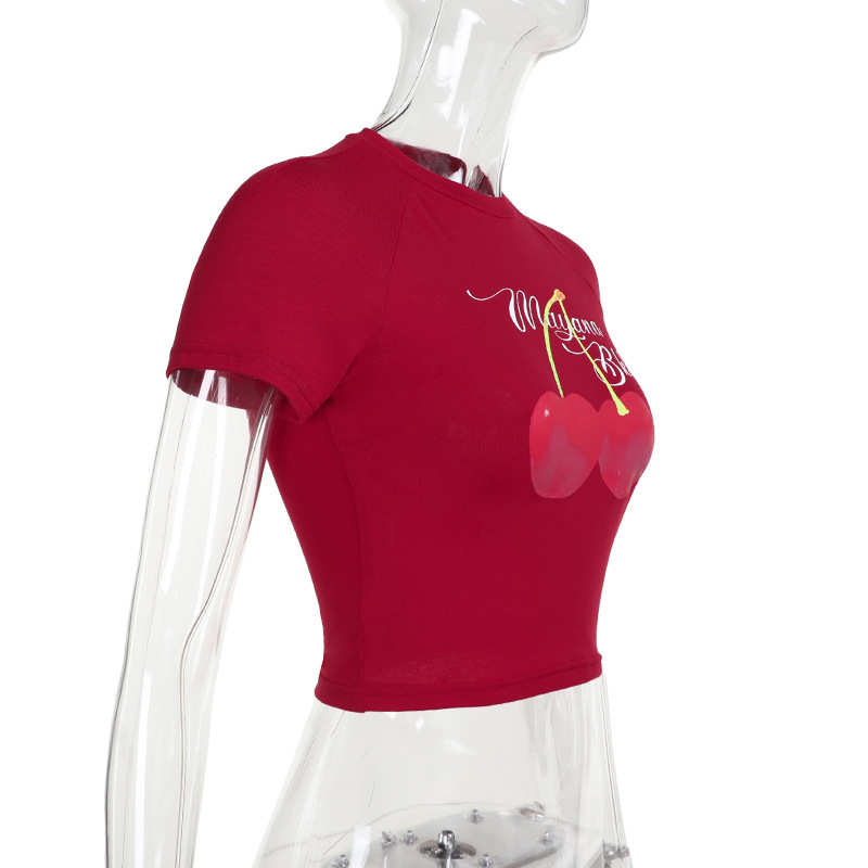 Tropical Print Raglan Fitted Crop Polyester Spandex T-Shirt