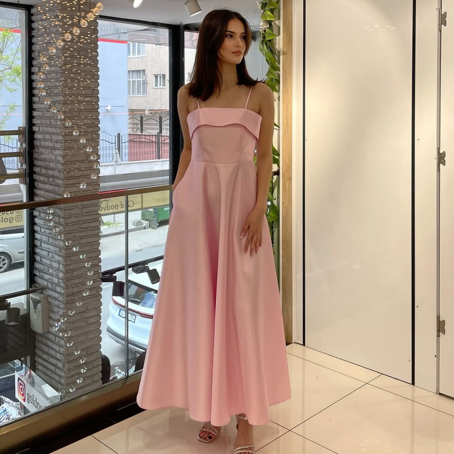 Satin suspender evening dress fashion dress