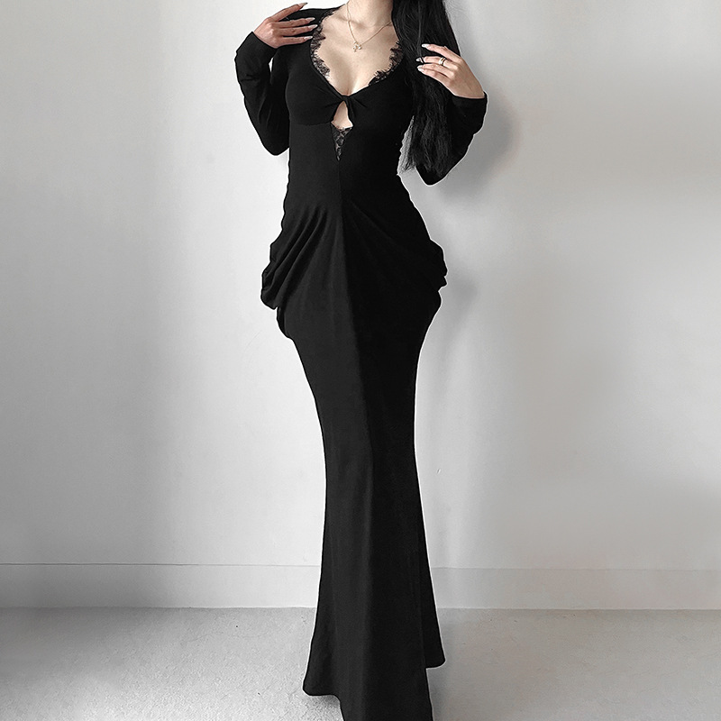 Plunging Neckline Long Sleeve Bodycon Dress