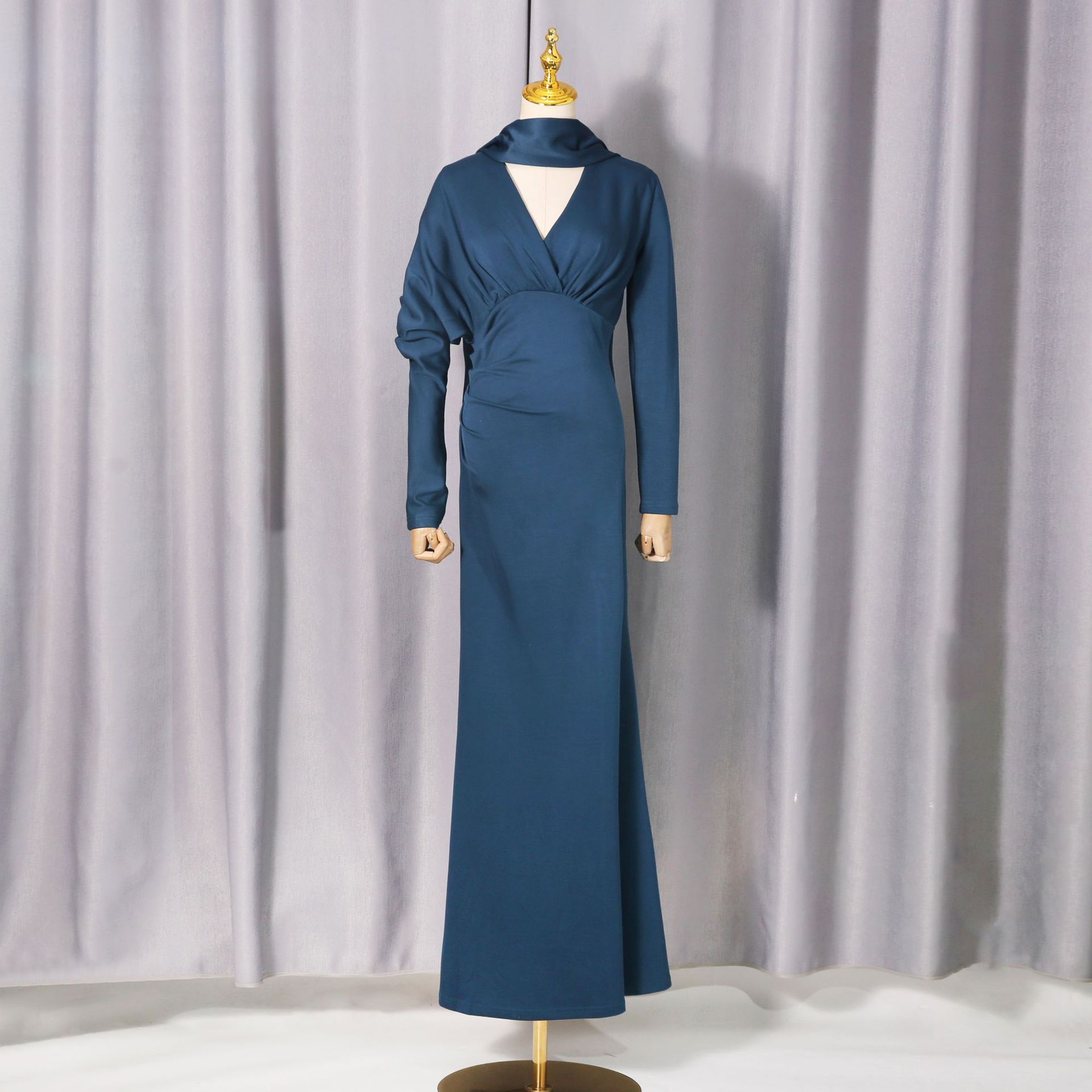 Tailored Polyester Maxi Dress with Ruched Bodice