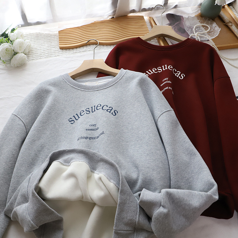 Casual Loose Fleece Lined Hoodie with Letter Print Round Neck Style Women's Sweatshirt