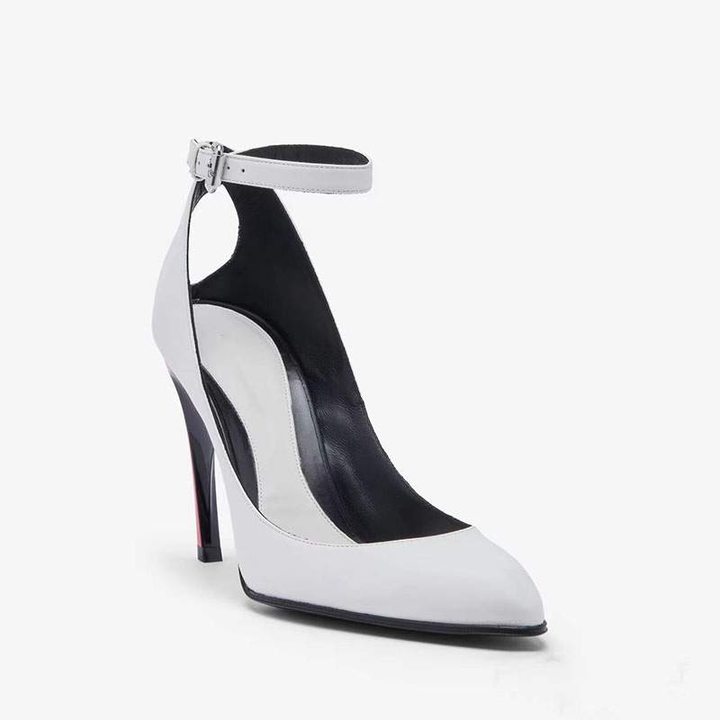 White leather pointed shallow mouth irregular heel shoes, new European and American style color blocking belt buckle hollow