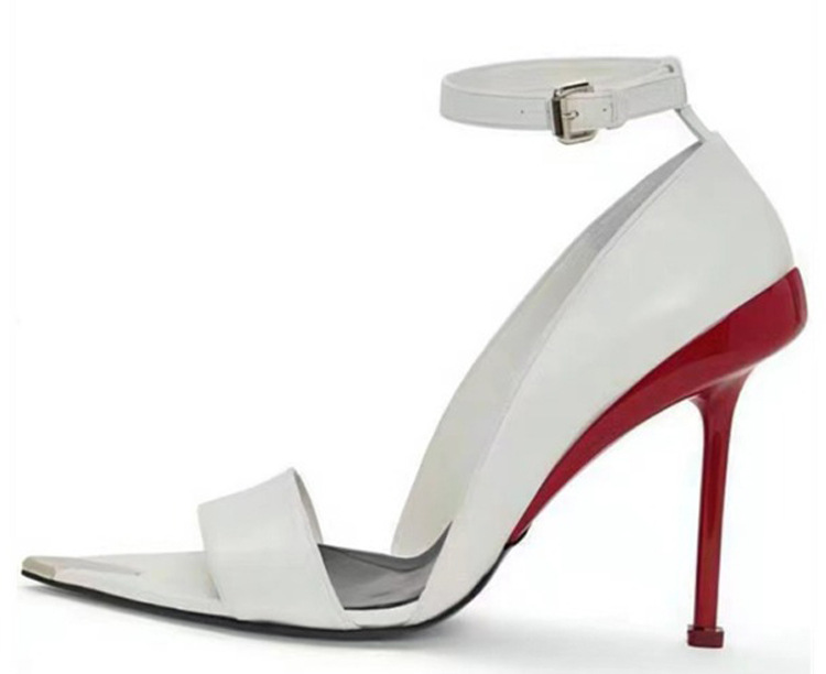 European and American hotties sexy metal pointed toe stiletto heels open toe catwalk etiquette women's shoes