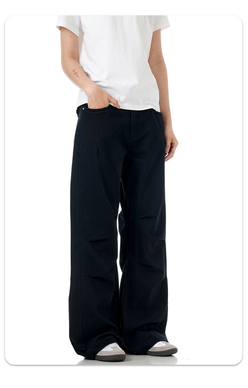 Simple Work Pants for Men and Women Faded Pleated Loose Wide-Leg Trendy Casual Trousers