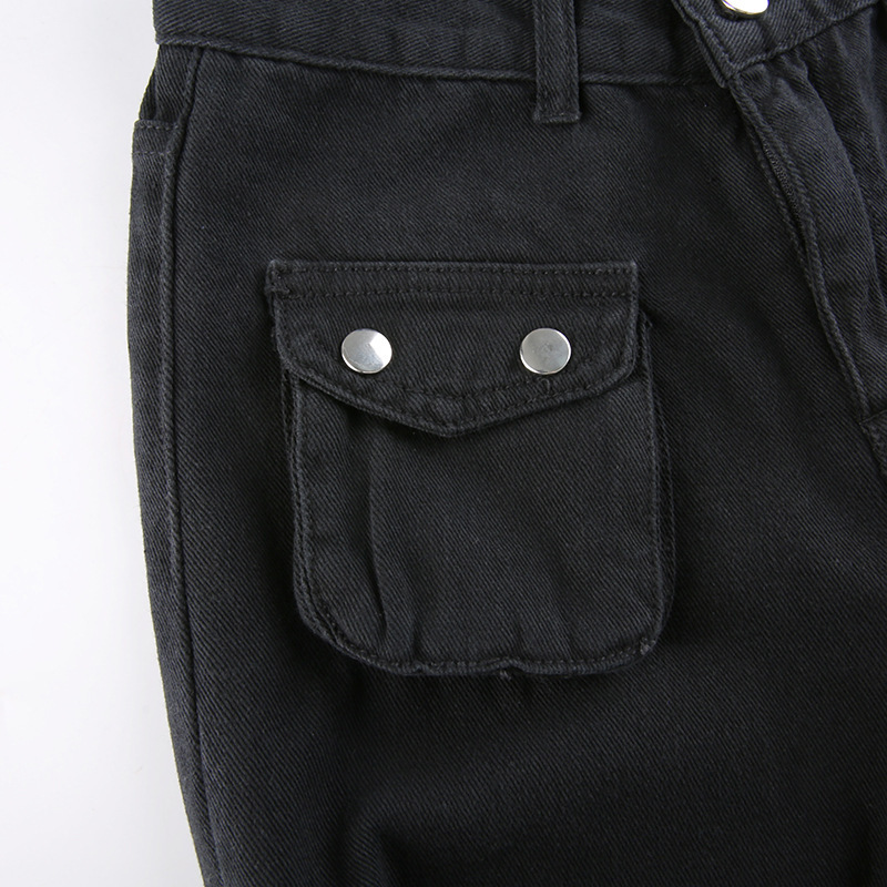 Metal buckle contrasting print high waisted workwear jeans for women