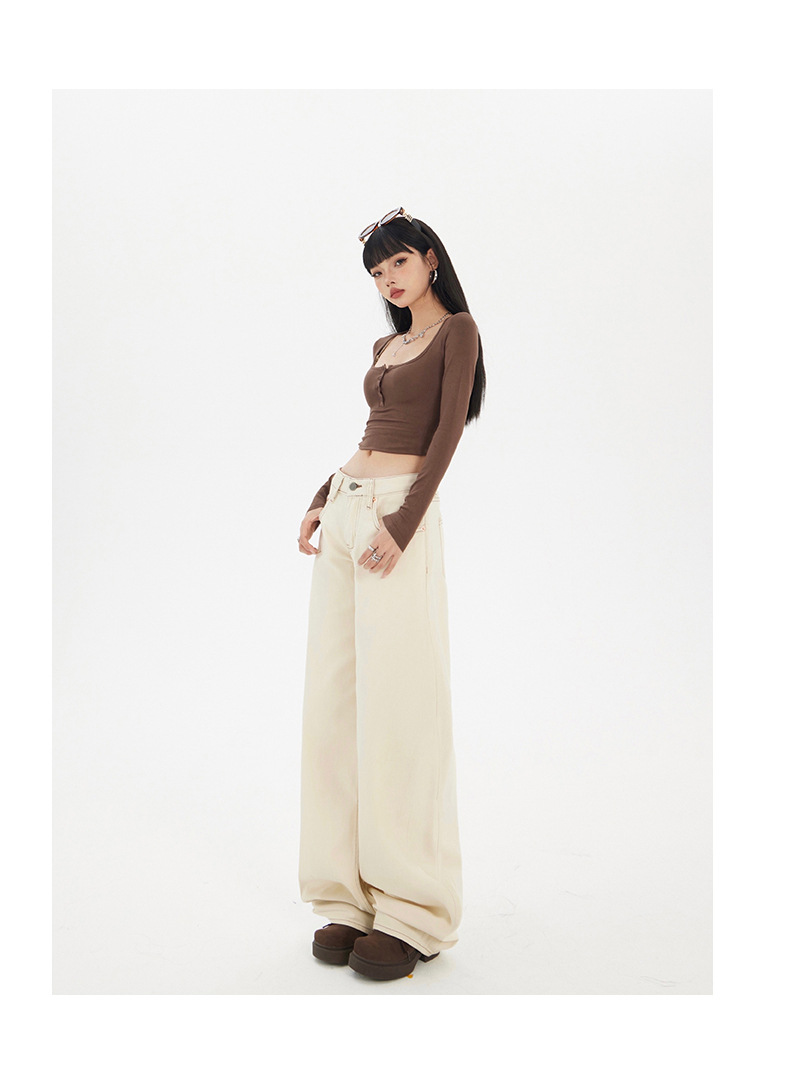 Women's Apricot Wide-Leg Jeans Slimming Versatile Low-Waist Floor-Length Straight Pants
