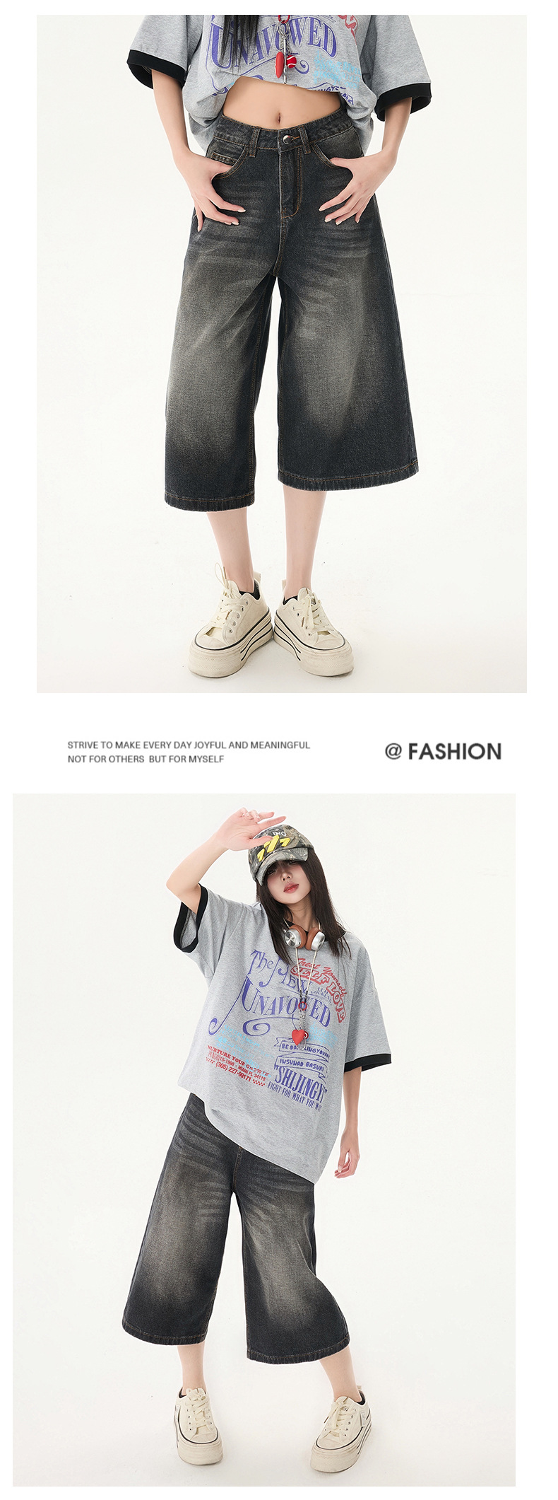 Women's Washed Seven-Quarter Denim Pants Loose Straight Wide-Leg Mid-Length Trousers