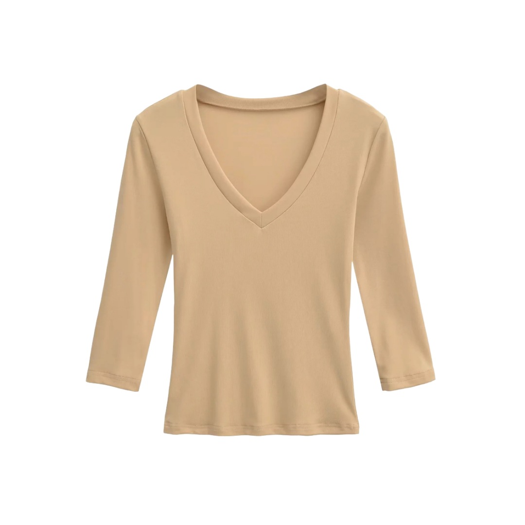 Ladies Streetwear Plain Stretch Elbow-Length Plunge Layering Tee