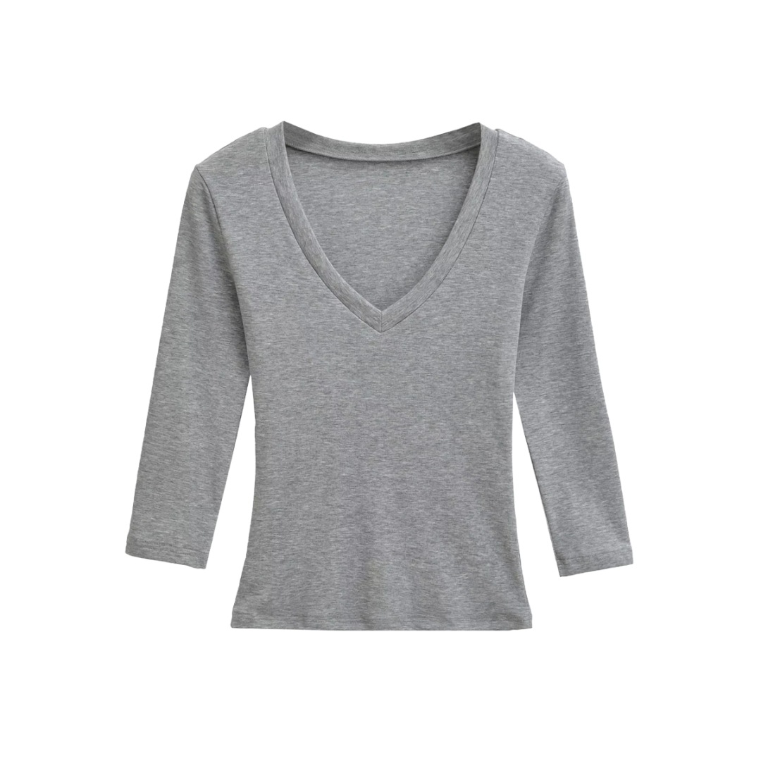 Ladies Streetwear Plain Stretch Elbow-Length Plunge Layering Tee