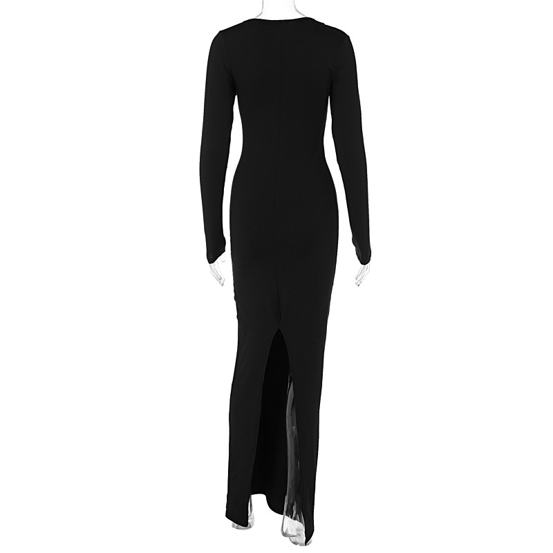 Full Sleeve Asymmetric Neck Straight Rear Slit Dress