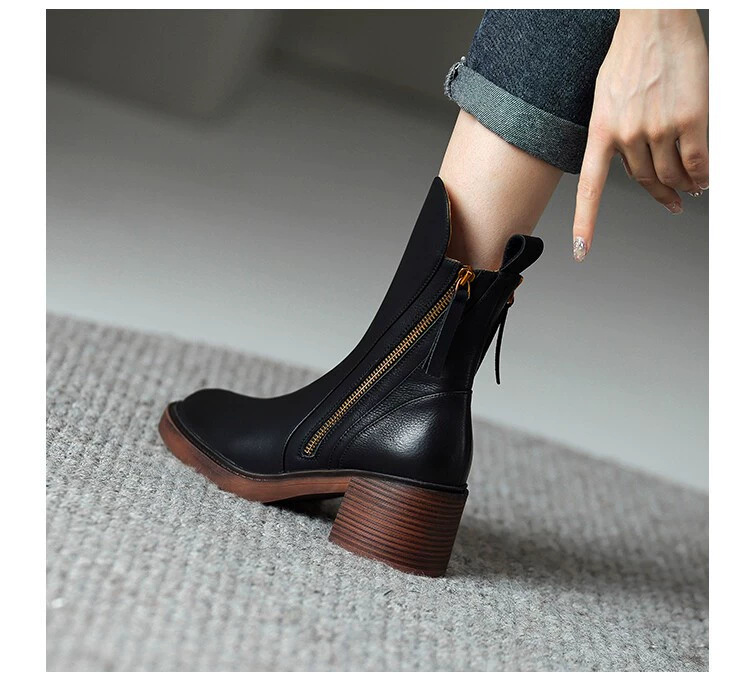 Round headed double zipper thick heel sponge bottom brown retro Martin boots for women