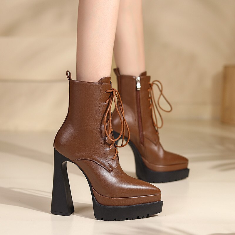 Autumn Winter Women Ankle Boots Elegant Office Ladies Party High Heels Pointed Toe Platforms Genuine Leather Shoes