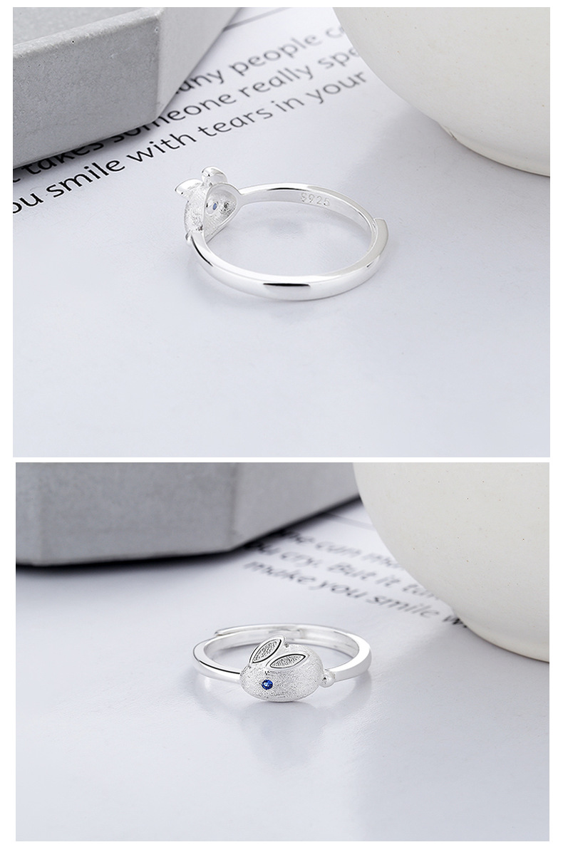 S925 Sterling Silver Little Fresh Rabbit Year of Life Cute Little White Rabbit Jade Rabbit Style Open Ring