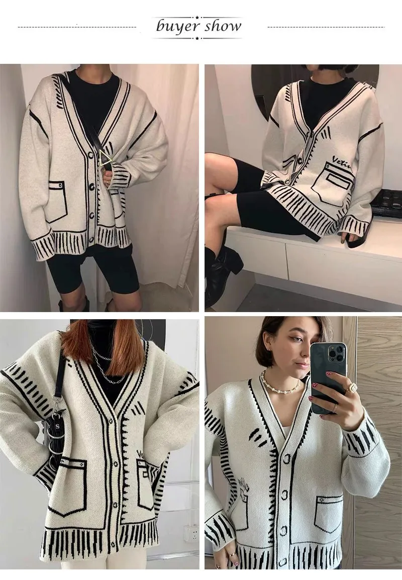 Ladies Oversized Graphic Deep V Acrylic Cardigan
