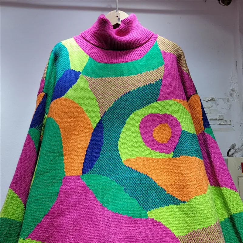 Ladies Chunky Knit Two-Tone High Neck Jumper