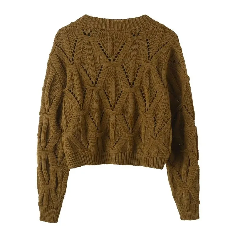 Ladies Relaxed Crew Neck Plain Openwork Sweater
