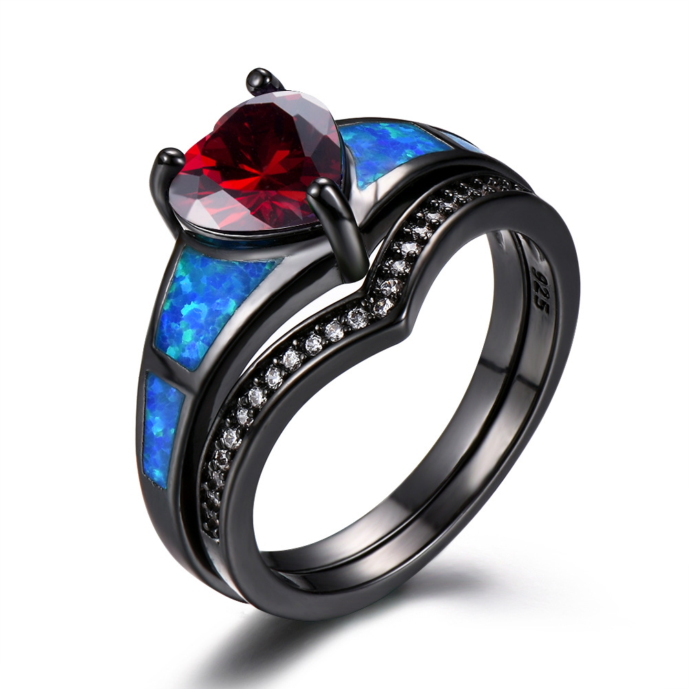 Heart Fire Opal Rings For Women Vintage Fashion Jewelry Engagement Black Gold Filled Rainbow Blue Birthstone Ring