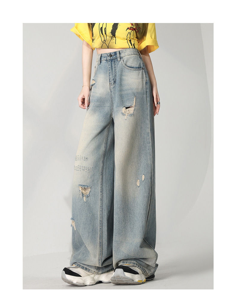 Retro Distressed Washed Ripped Jeans Women Loose High Waist Slim Wide Leg Floor-Length Pants