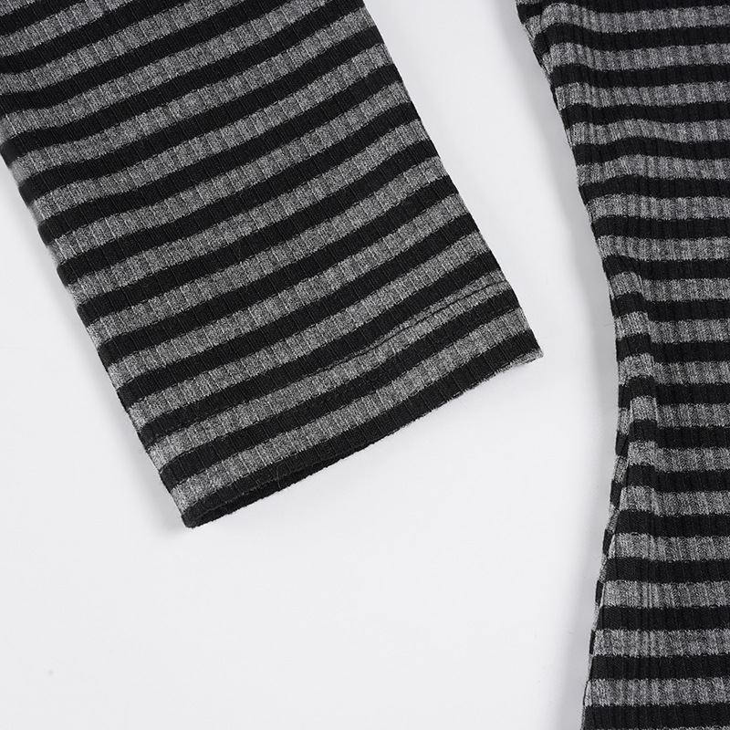 Simple Fashion Striped Color Block Round Neck Basic Long Sleeve Slim Fit Versatile Slimming Casual Short Top